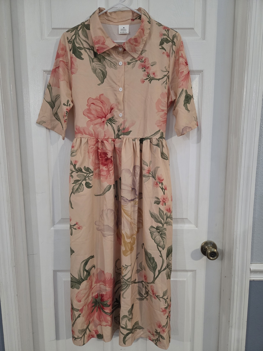 Floral Button-Front Midi Dress in Peach with Pink Blooms